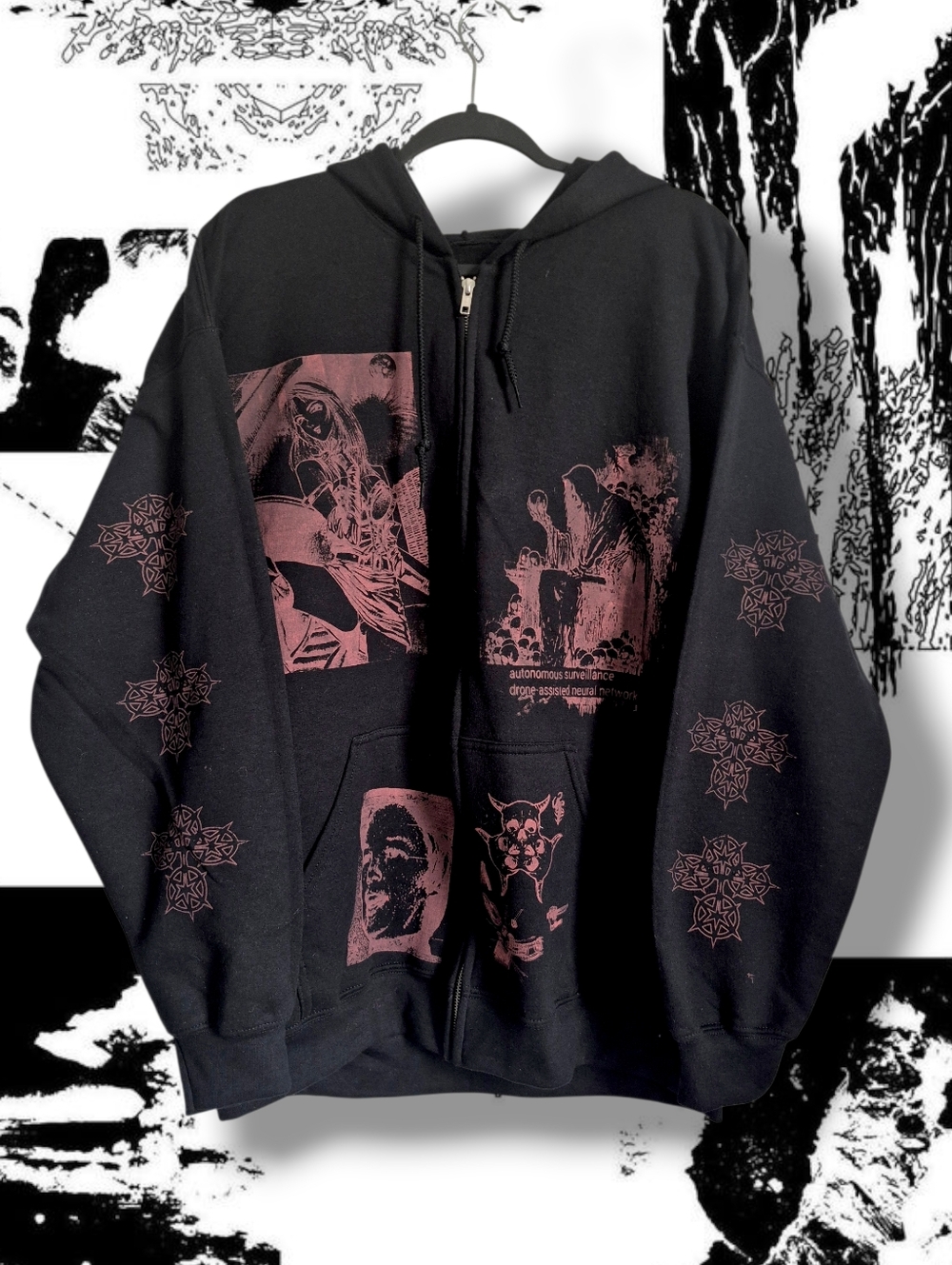 Black Zip-up Hoodie With Prints